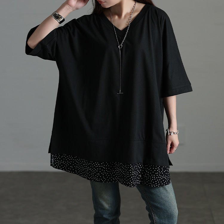 大きいサイズ レディース ドット柄レイヤード風チュニックTシャツ