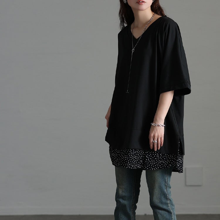 大きいサイズ レディース ドット柄レイヤード風チュニックTシャツ