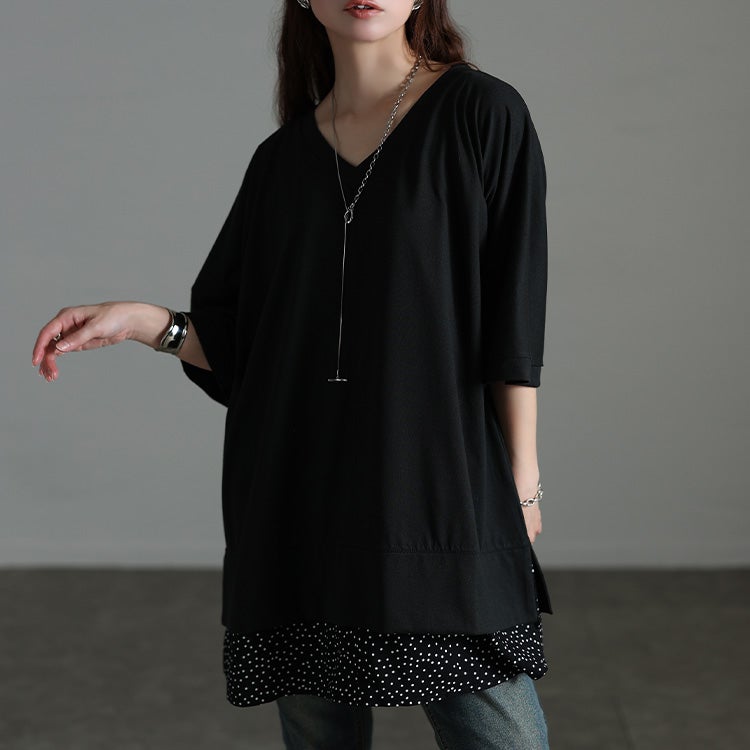 大きいサイズ レディース ドット柄レイヤード風チュニックTシャツ