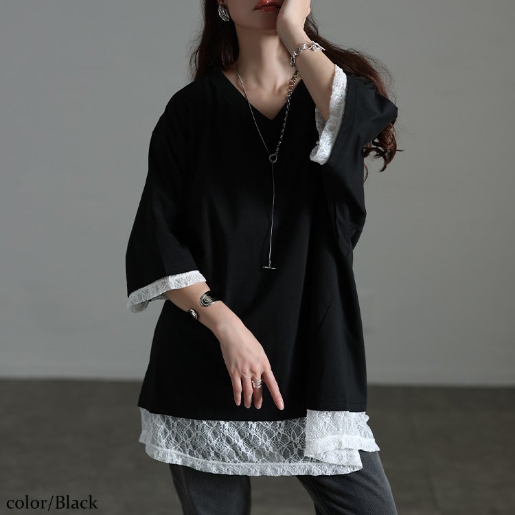 大きいサイズ レディース レースレイヤード風チュニックTシャツ