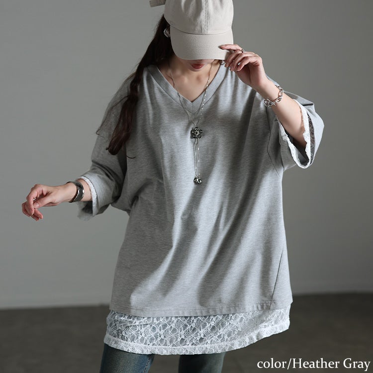 大きいサイズ レディース レースレイヤード風チュニックTシャツ