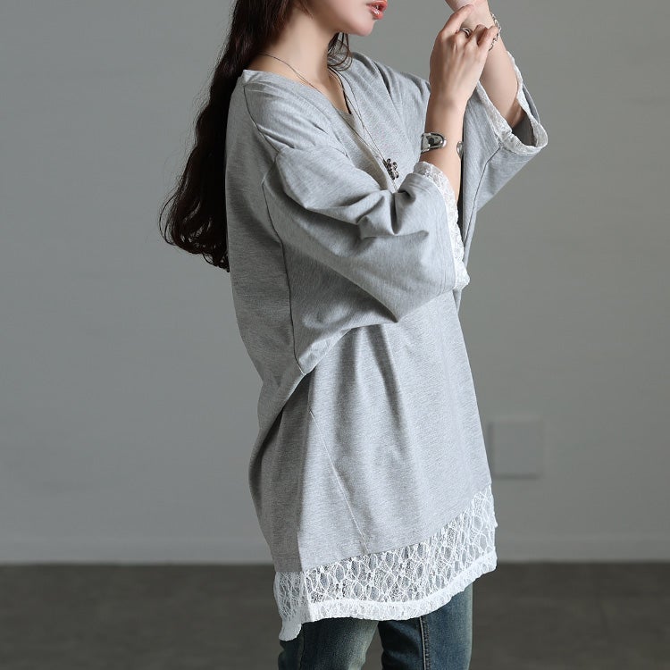 大きいサイズ レディース レースレイヤード風チュニックTシャツ