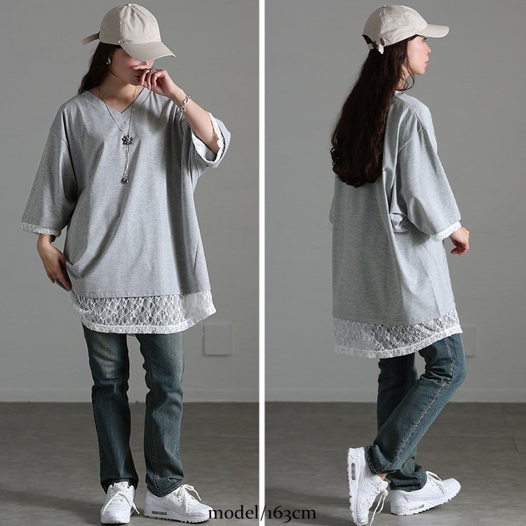 大きいサイズ レディース レースレイヤード風チュニックTシャツ