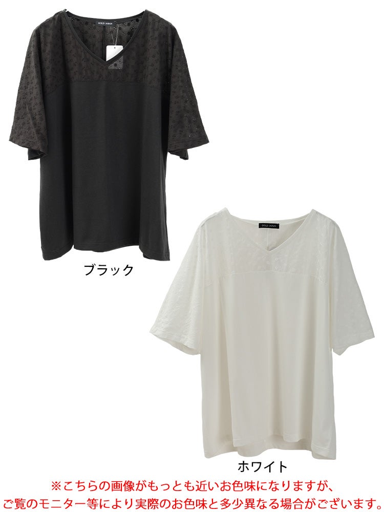 大きいサイズ レディース レース切り替えドルマンチュニックTシャツ