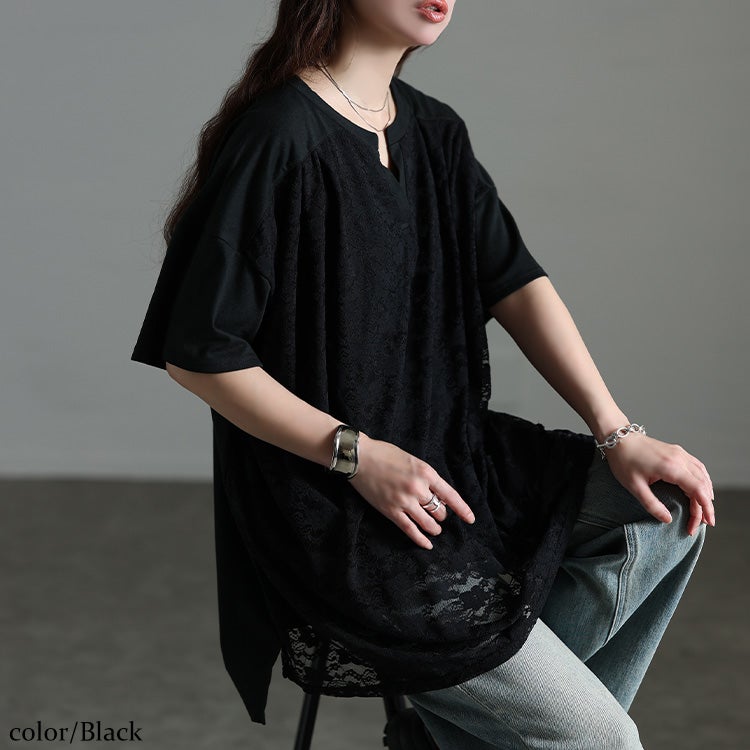 大きいサイズ レディース レースレイヤードチュニックTシャツ