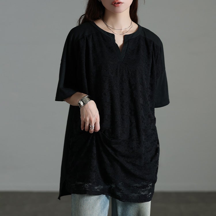 大きいサイズ レディース レースレイヤードチュニックTシャツ