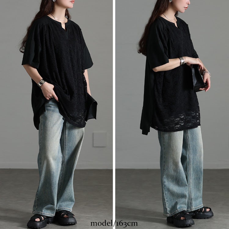 大きいサイズ レディース レースレイヤードチュニックTシャツ