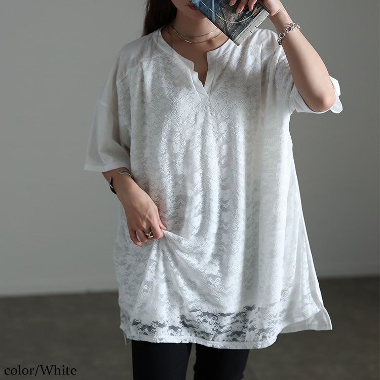 大きいサイズ レディース レースレイヤードチュニックTシャツ