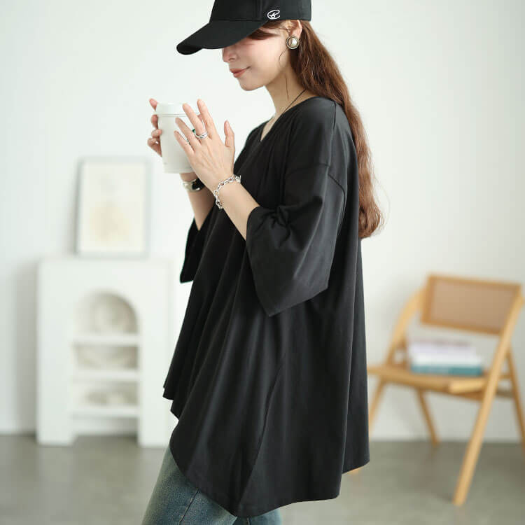 大きいサイズ レディース アシメヘムコットンチュニックTシャツ