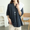 大きいサイズ レディース ストライプ柄キーネックコットンプルオーバー ネイビー