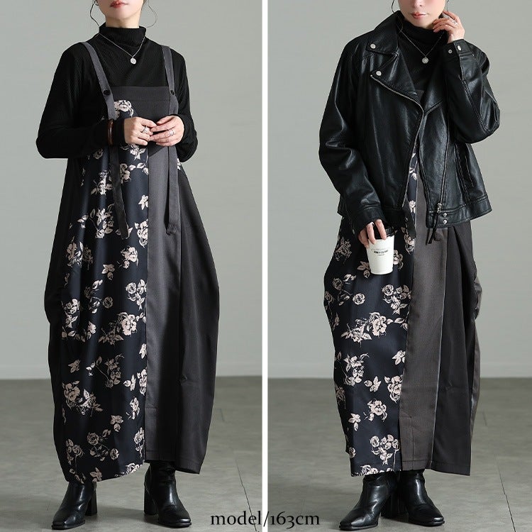 大きいサイズ レディース 配色＆柄切り替えコクーンエプロンワンピース