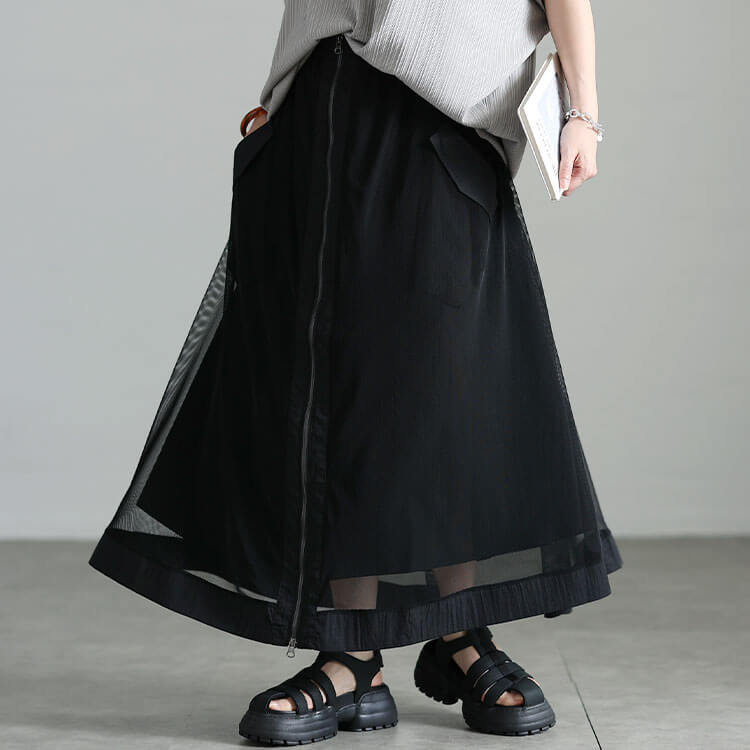 大きいサイズ レディース チュールレイヤードZIPフレアスカート