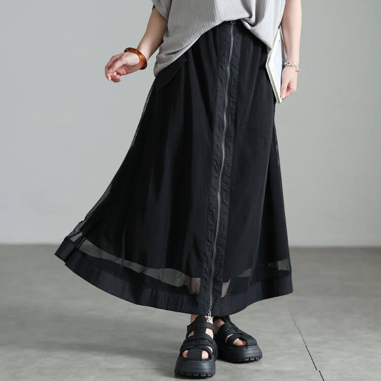 大きいサイズ レディース チュールレイヤードZIPフレアスカート