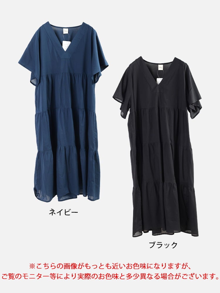 大きいサイズ レディース インド綿深Vネックティアードワンピース