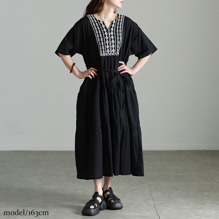 大きいサイズ レディース インド綿リーフ刺繍ティアードワンピース