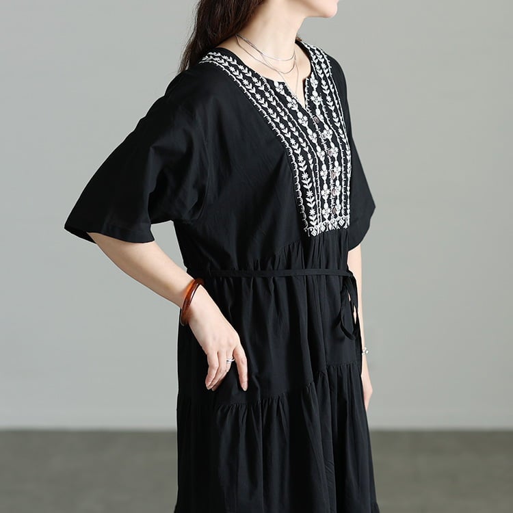 大きいサイズ レディース インド綿リーフ刺繍ティアードワンピース