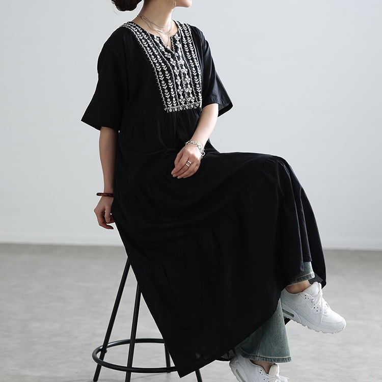大きいサイズ レディース インド綿リーフ刺繍ティアードワンピース