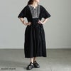 大きいサイズ レディース インド綿リーフ刺繍ティアードワンピース ブラック