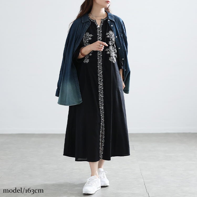 大きいサイズ レディース インド綿花刺繍キーネックワンピース