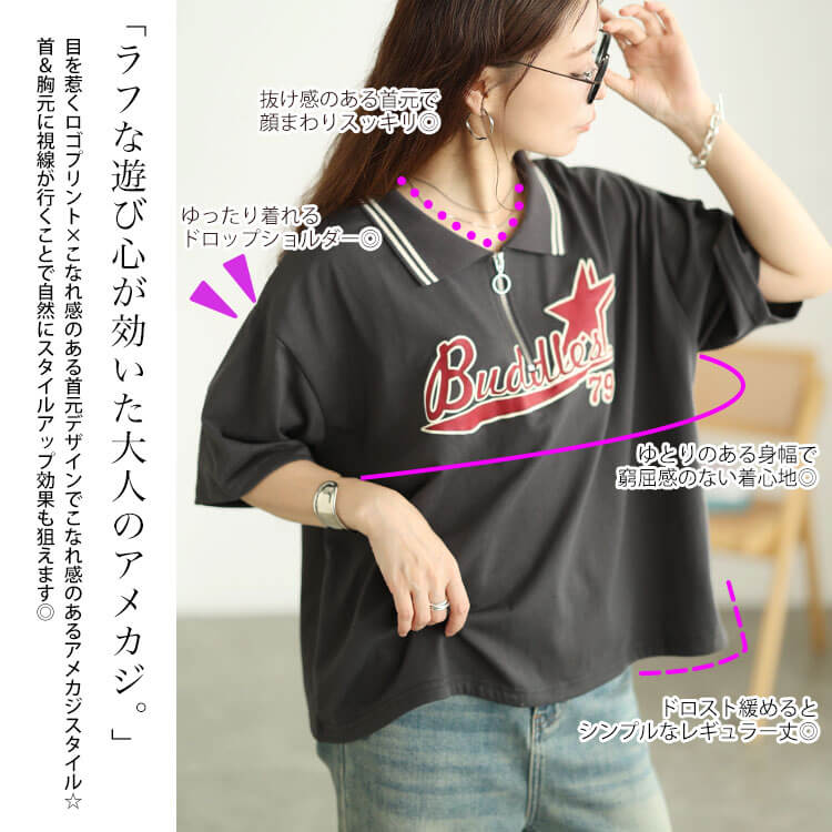 大きいサイズ レディース ロゴプリントハーフZIP裾ドロストポロシャツ