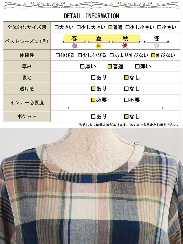 大きいサイズ レディース チェック柄ラウンドヘムコットンブラウス
