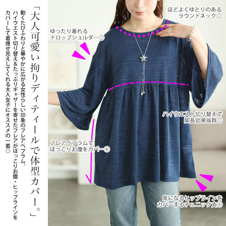 大きいサイズ レディース 接触冷感スラブフレア袖ペプラムチュニック