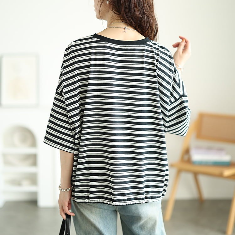 大きいサイズ レディース マルチボーダー裾ドロストコットンTシャツ