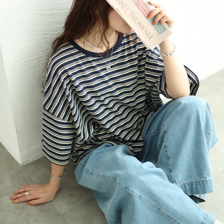 大きいサイズ レディース マルチボーダー裾ドロストコットンTシャツ