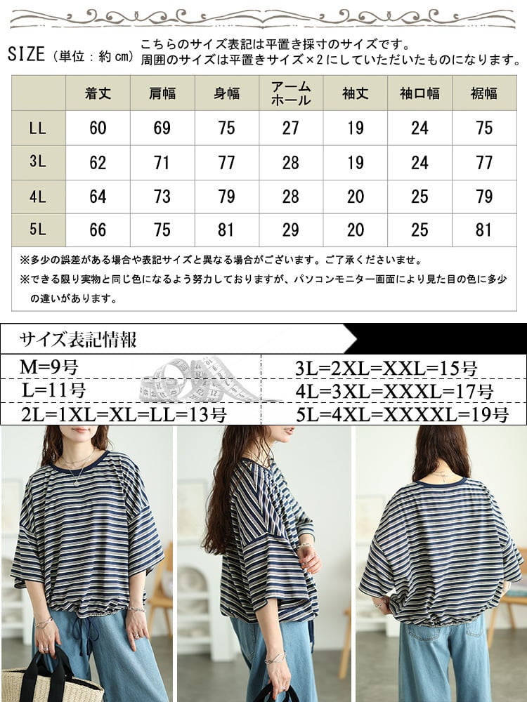 大きいサイズ レディース マルチボーダー裾ドロストコットンTシャツ
