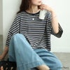 大きいサイズ レディース マルチボーダー裾ドロストコットンTシャツ ネイビー