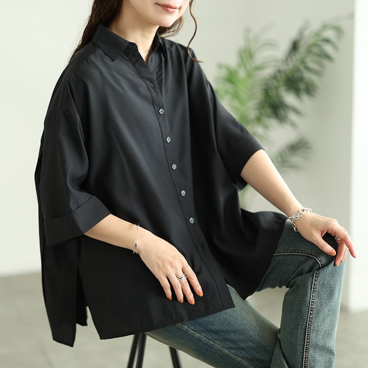 大きいサイズ レディース 接触冷感＆吸汗速乾後ろプリーツ切り替えブラウス ブラック