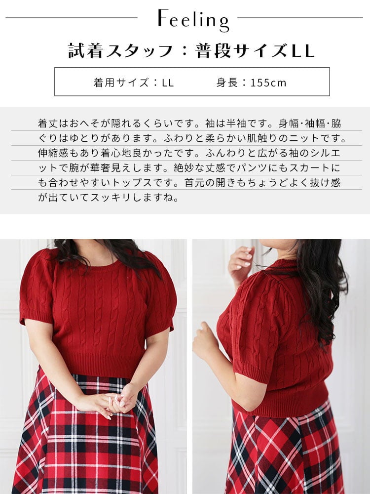 大きいサイズ レディース パフスリーブケーブルニットプルオーバー