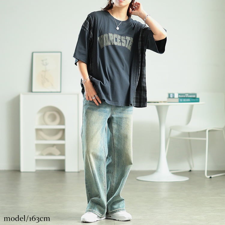 大きいサイズ レディース ロゴプリント異素材切り替えTシャツ