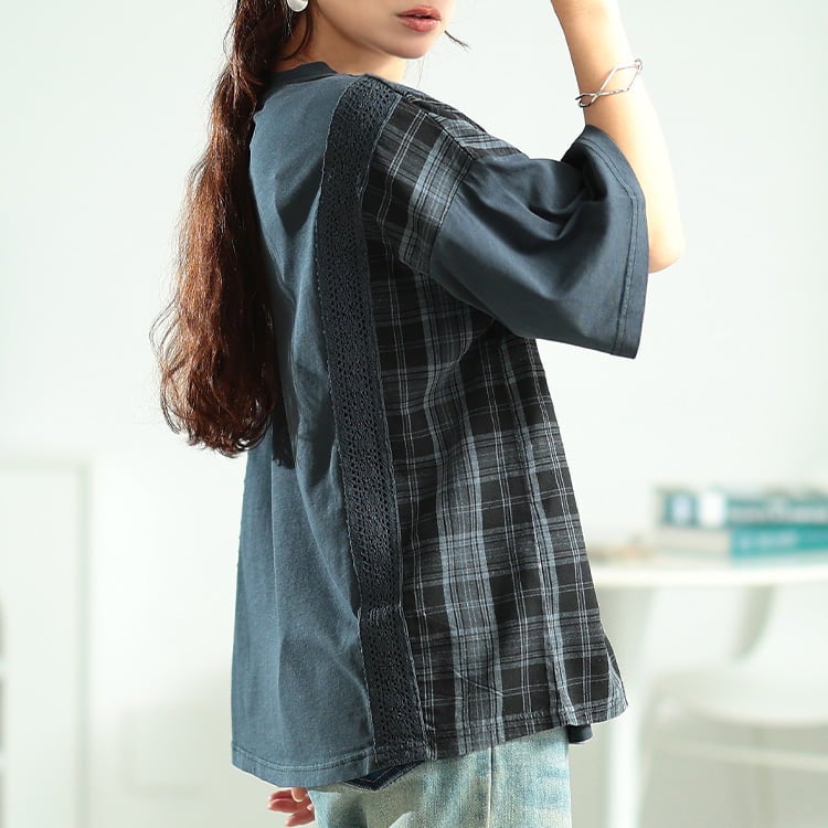 大きいサイズ レディース ロゴプリント異素材切り替えTシャツ