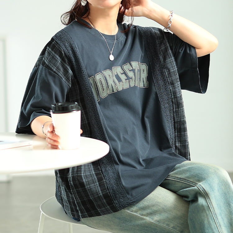 大きいサイズ レディース ロゴプリント異素材切り替えTシャツ