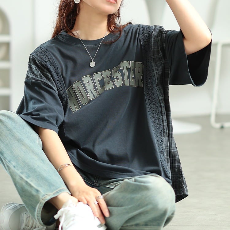 大きいサイズ レディース ロゴプリント異素材切り替えTシャツ