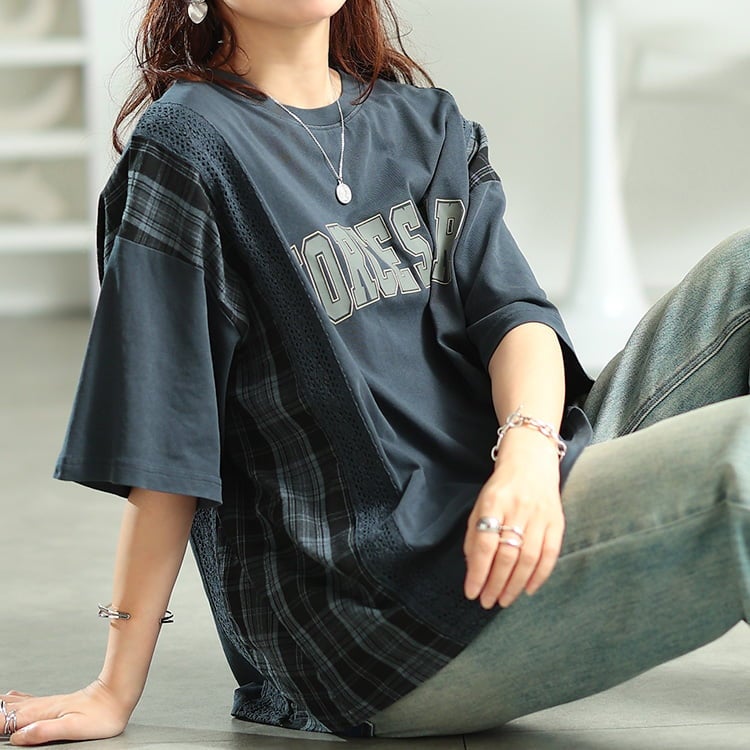 大きいサイズ レディース ロゴプリント異素材切り替えTシャツ