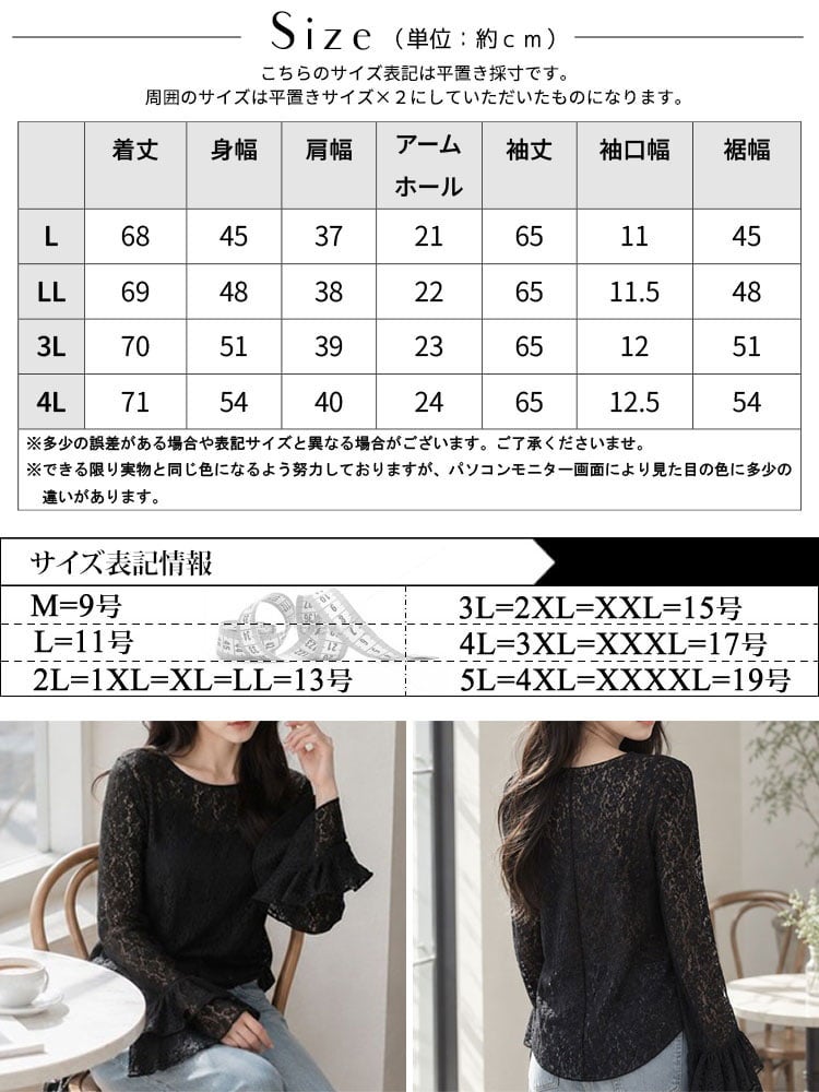 大きいサイズ レディース ティアードラッフルスリーブレースシアーブラウス