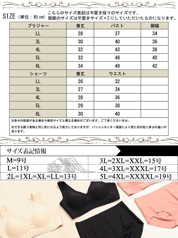 大きいサイズ レディース シームレスブラジャー＆ショーツ2点セット