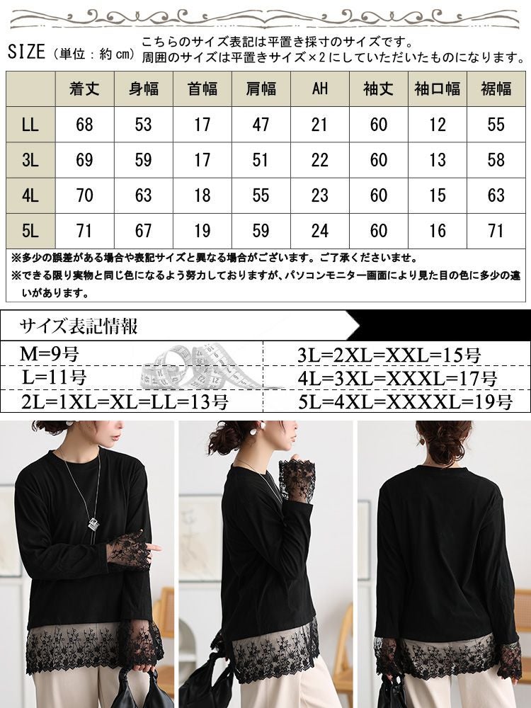 大きいサイズ レディース 袖口＆裾レース切り替えプルオーバー
