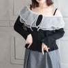 大きいサイズ レディース チュールフリルオフショルニットトップス ブラック