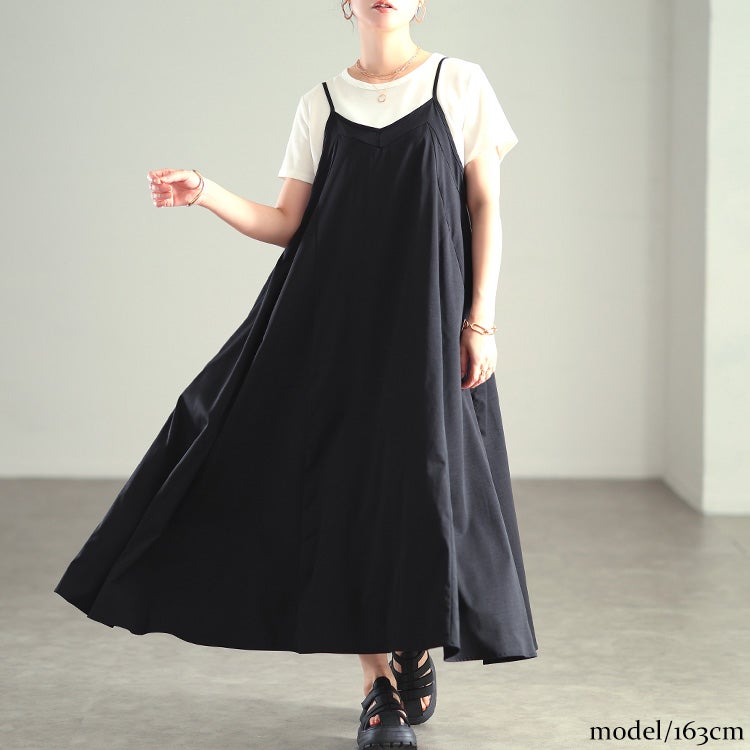 大きいサイズ レディース ドレープネックリブTシャツ＆キャミワンピース2点セット