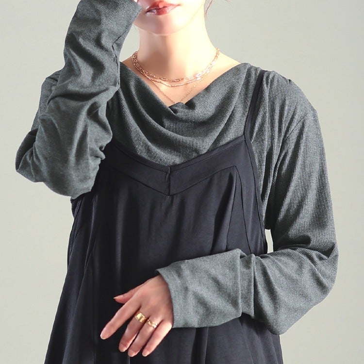 大きいサイズ レディース ドレープネックリブTシャツ＆キャミワンピース2点セット