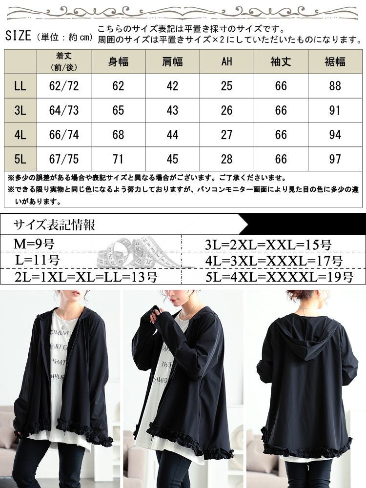 大きいサイズ レディース 裾フリルZIPパーカー