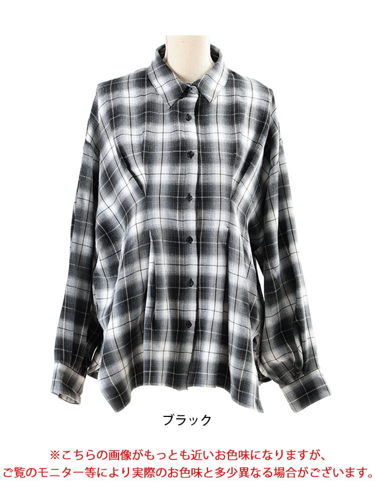 大きいサイズ レディース チェック柄ウエストタックオーバーシャツ