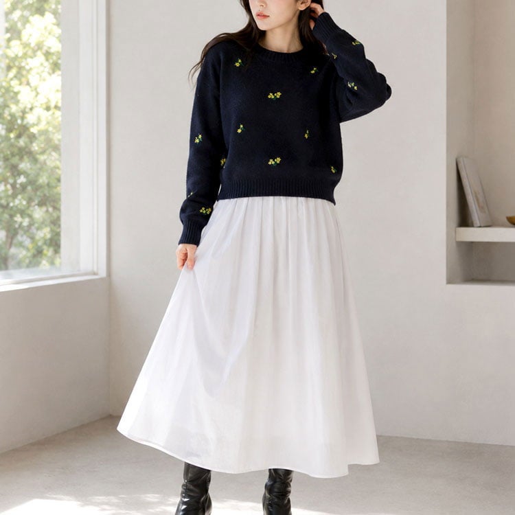 大きいサイズ レディース 小花刺繍ニットプルオーバー