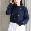大きいサイズ レディース 小花刺繍ニットプルオーバー ネイビー