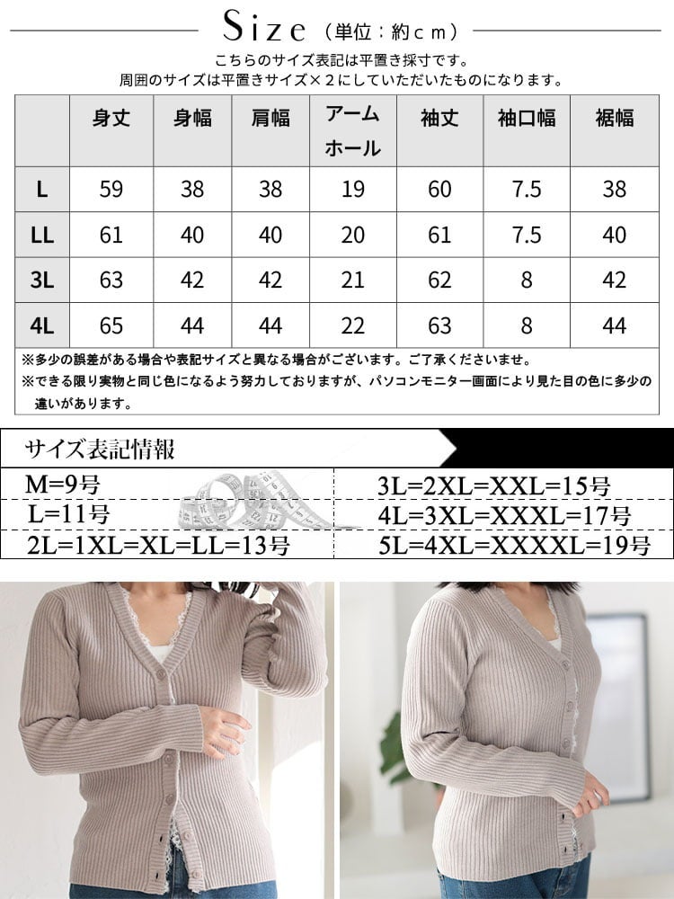 大きいサイズ レディース レースVネックリブニットカーディガン