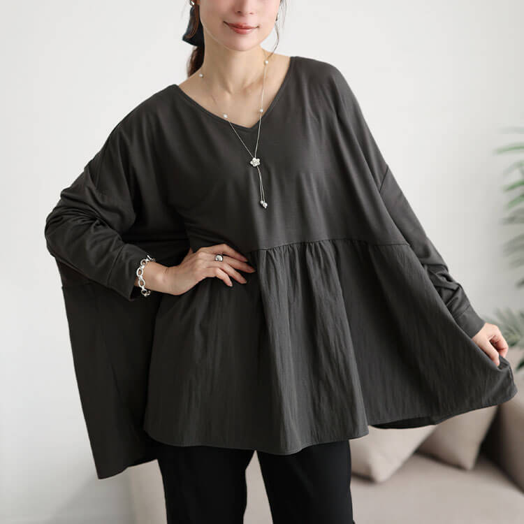 大きいサイズ レディース 異素材ペプラムワイドチュニックTシャツ