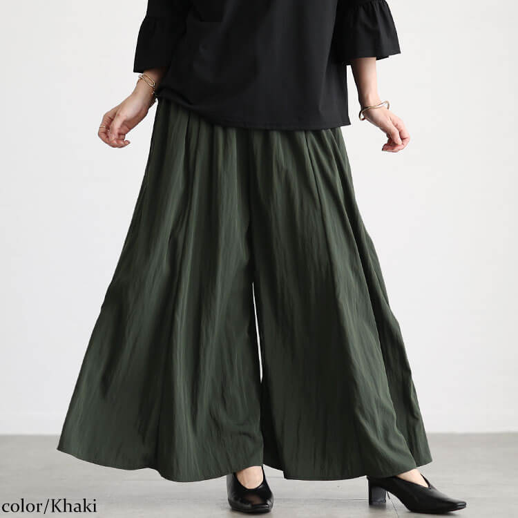 大きいサイズ レディース ドレープフレアパンツ カーキ